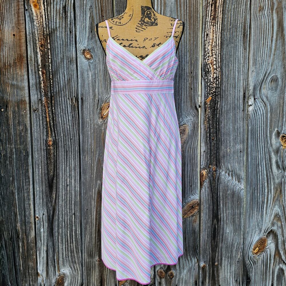 Size 8 Y2K Sun Dress Pastel Striped Cotton J. Crew Sleeveless Vneck Vintage - Picture 1 of 9